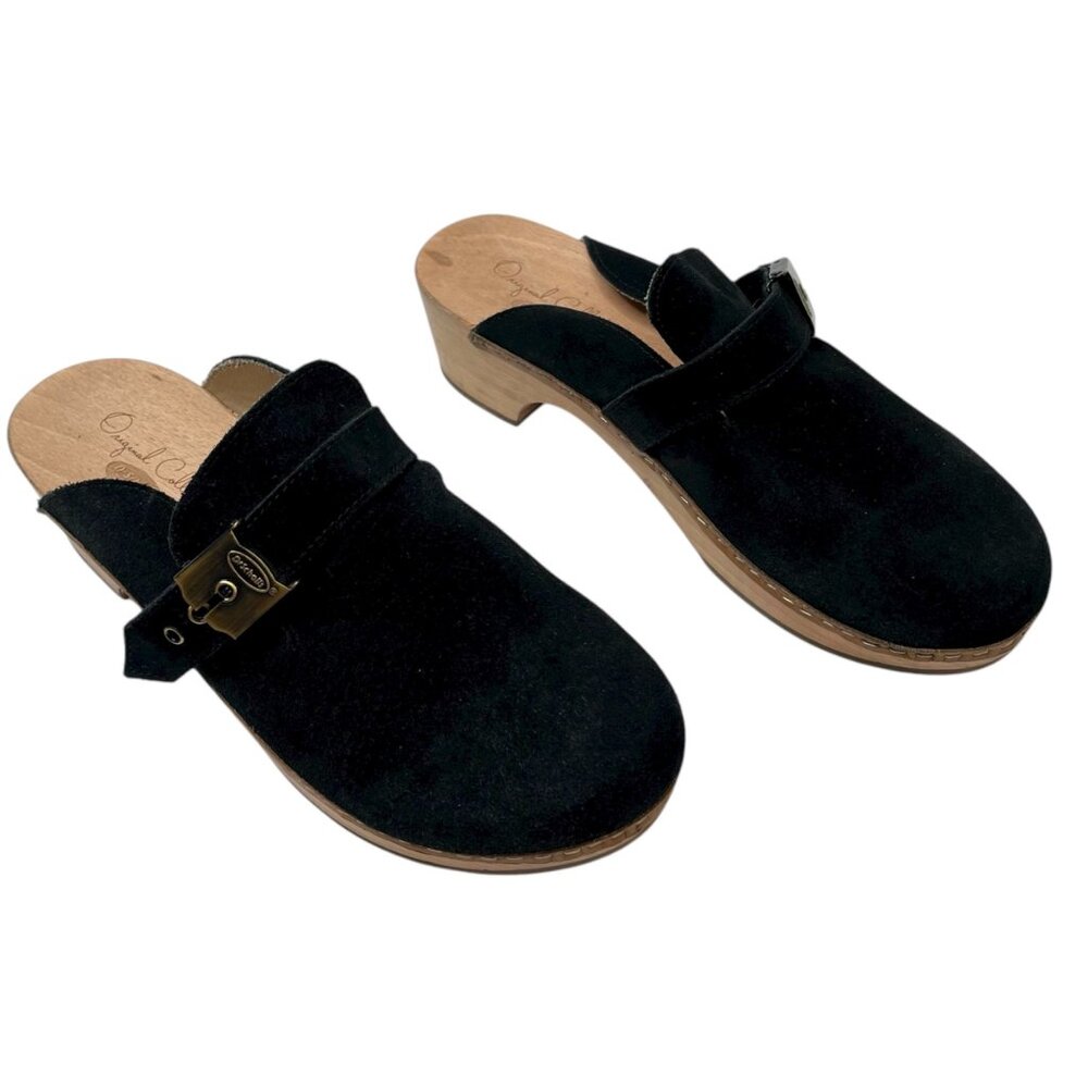 Dr Scholl's Original Collection Black Suede Wood Clog Mules  9